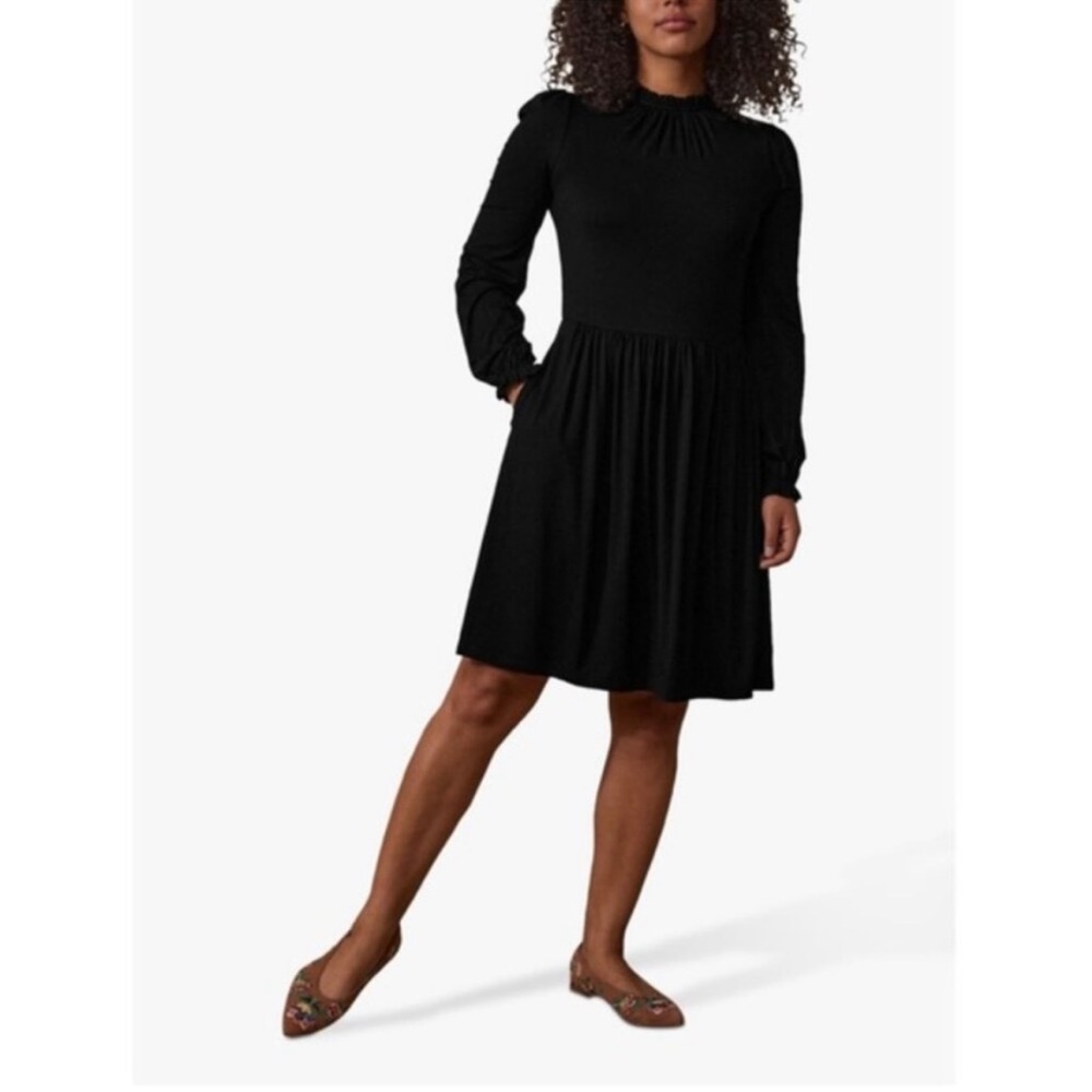 Boden Black Long-Sleeve Gathered-Waist Dress